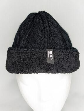 Heat Lockers Mens One Size Thermal Knit Winter Hat Beanie Black Fleece Lined